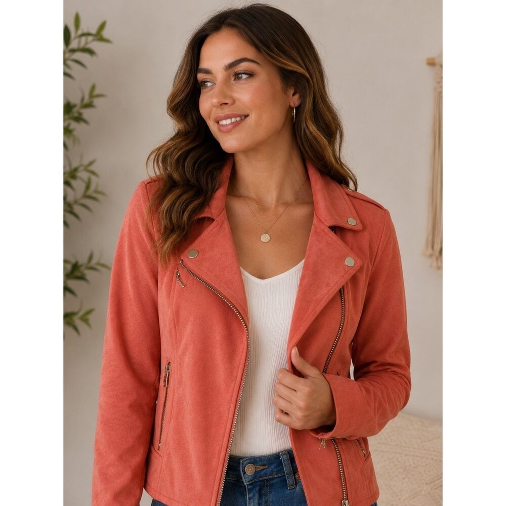 Chelsea & Violet XS Faux Suede Moto Jacket Coral Zip Front Biker Jacket